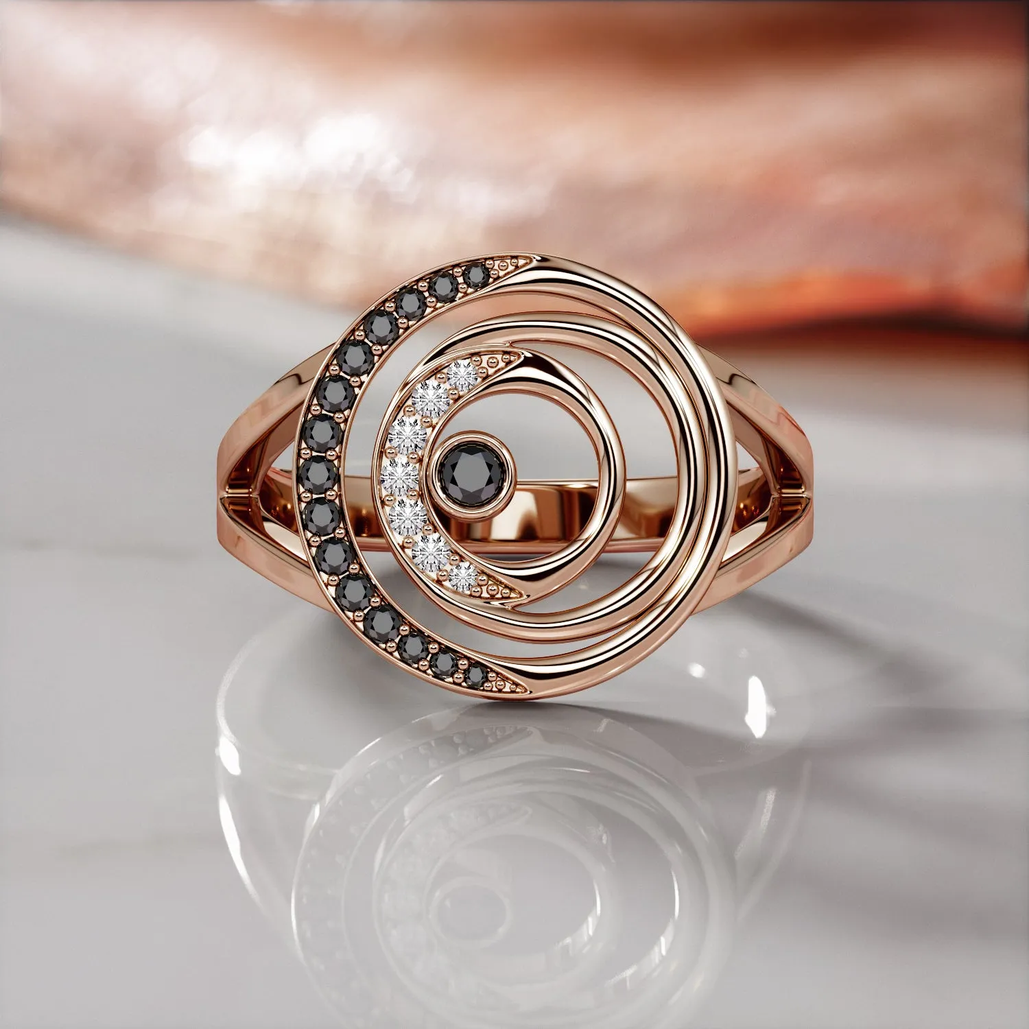 Stargate - Cresented  Natural Black Diamond Wedding RIng
