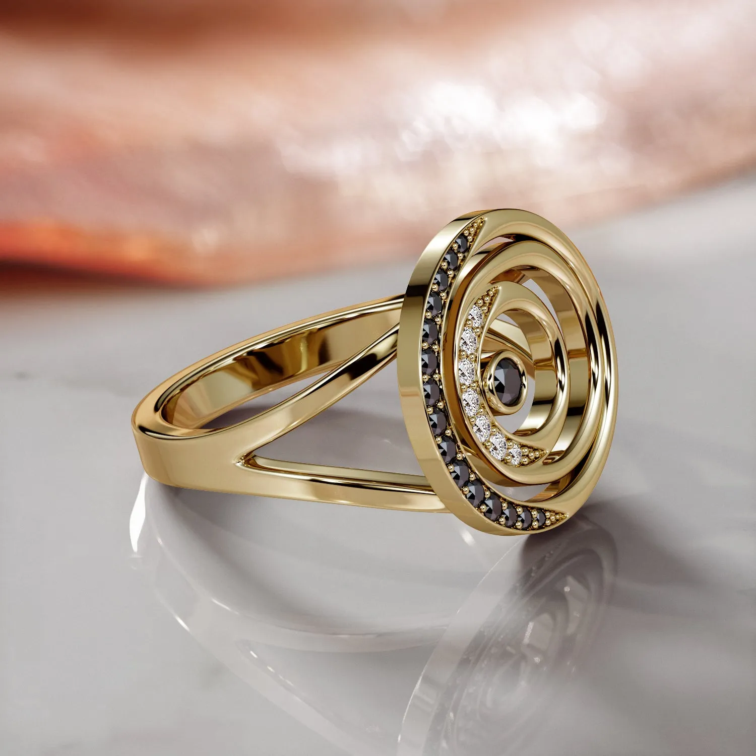 Stargate - Cresented  Natural Black Diamond Wedding RIng