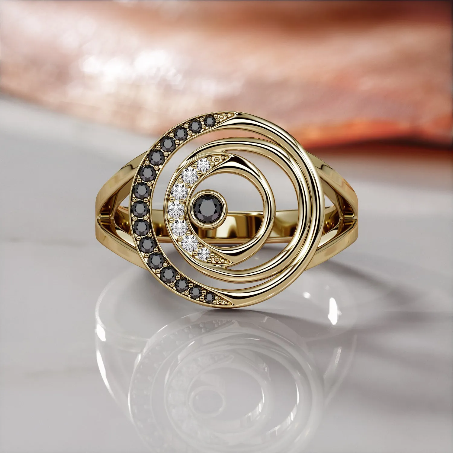 Stargate - Cresented  Natural Black Diamond Wedding RIng