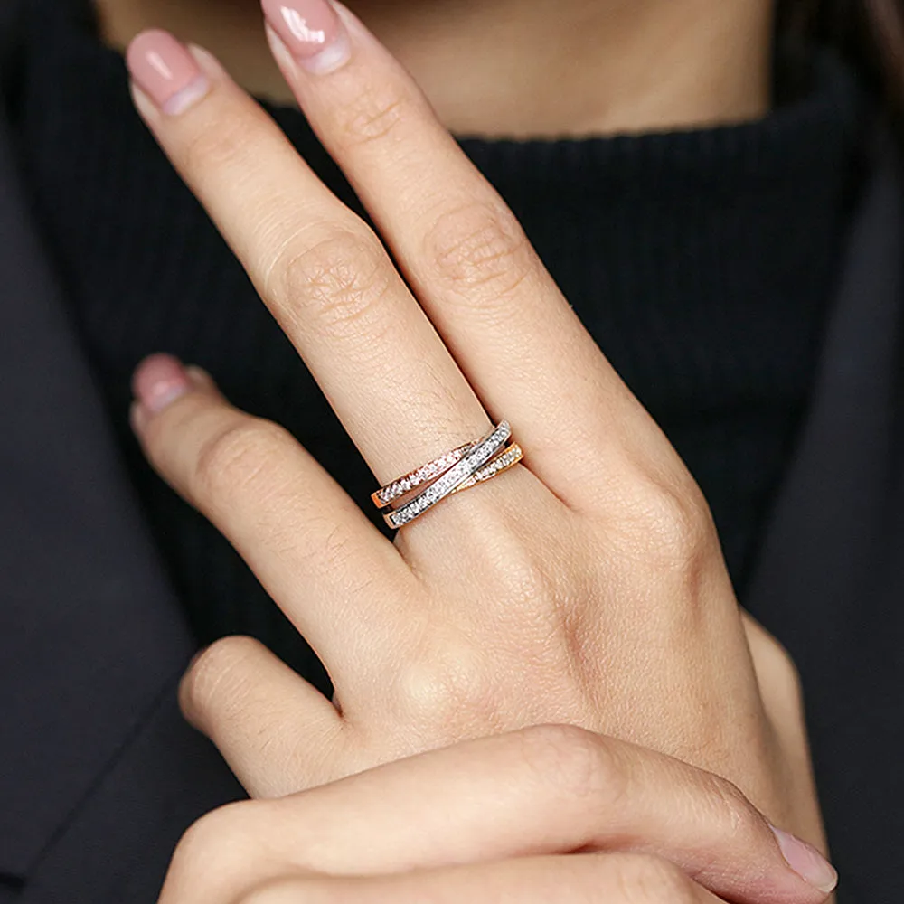 Three Tone Diamond Criss Cross Wedding Ring