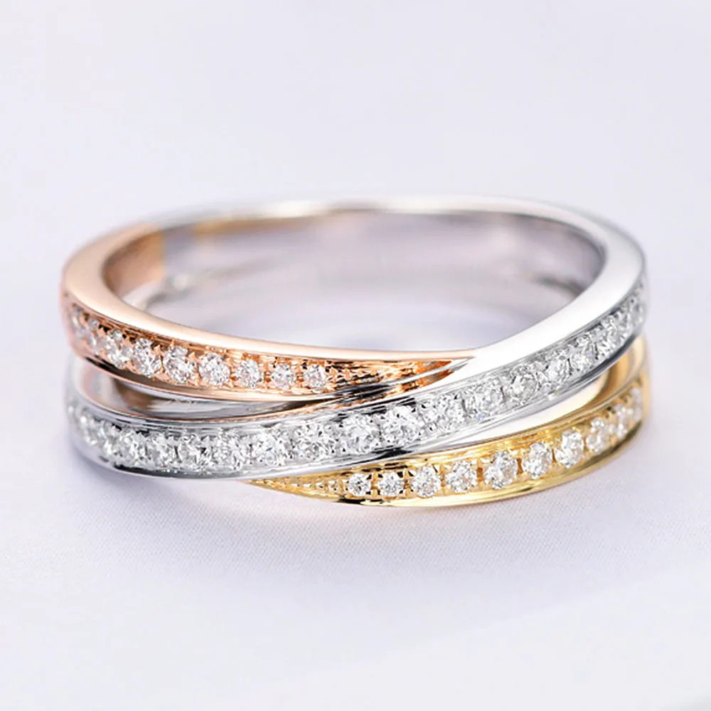 Three Tone Diamond Criss Cross Wedding Ring