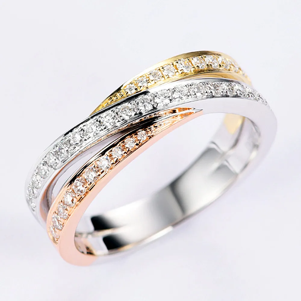 Three Tone Diamond Criss Cross Wedding Ring