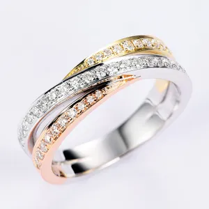 Three Tone Diamond Criss Cross Wedding Ring