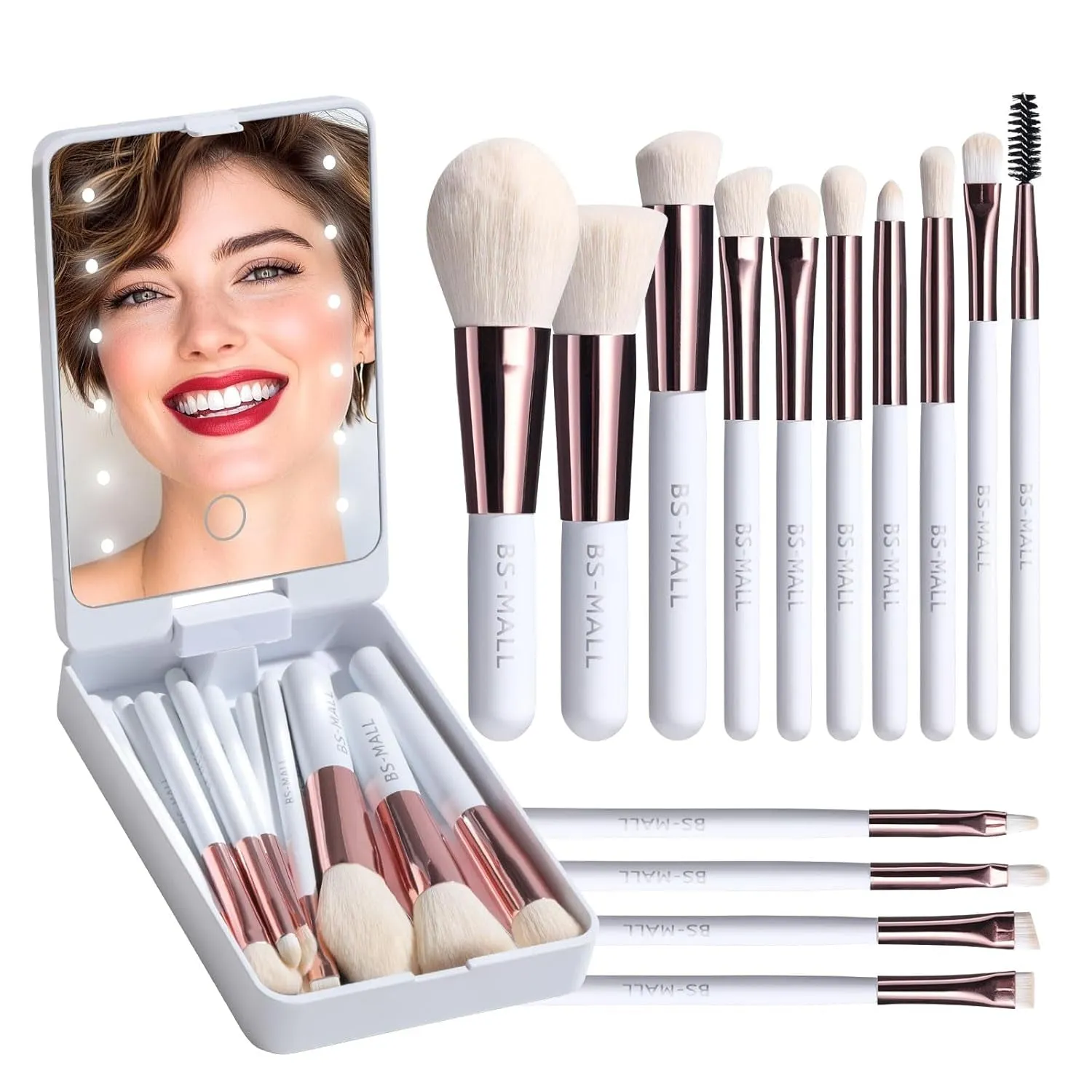 Travel Makeup Brush Set Foundation Powder Concealers Eye Shadows Makeup Set with LED Light Mirror 14 Pcs Mini Makeup Brushes (APINK)