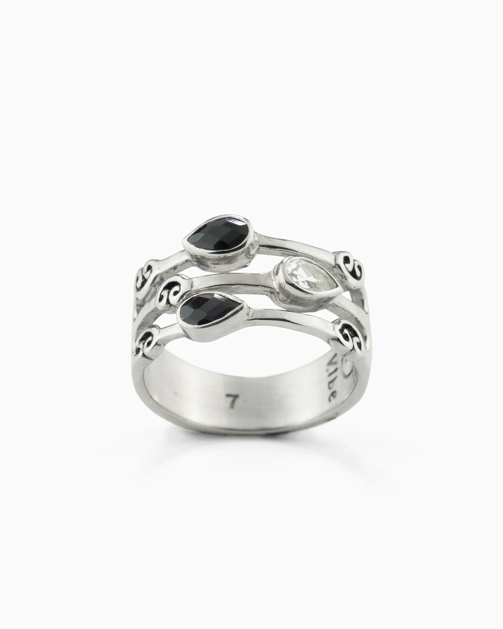 Triple Band Ring with Three Stones - White Topaz/Black Onyx
