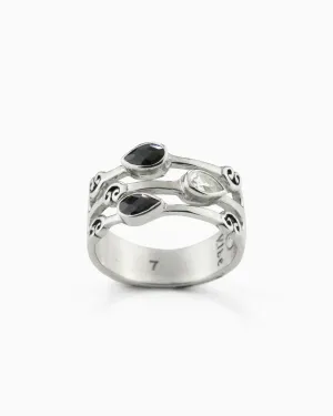 Triple Band Ring with Three Stones - White Topaz/Black Onyx