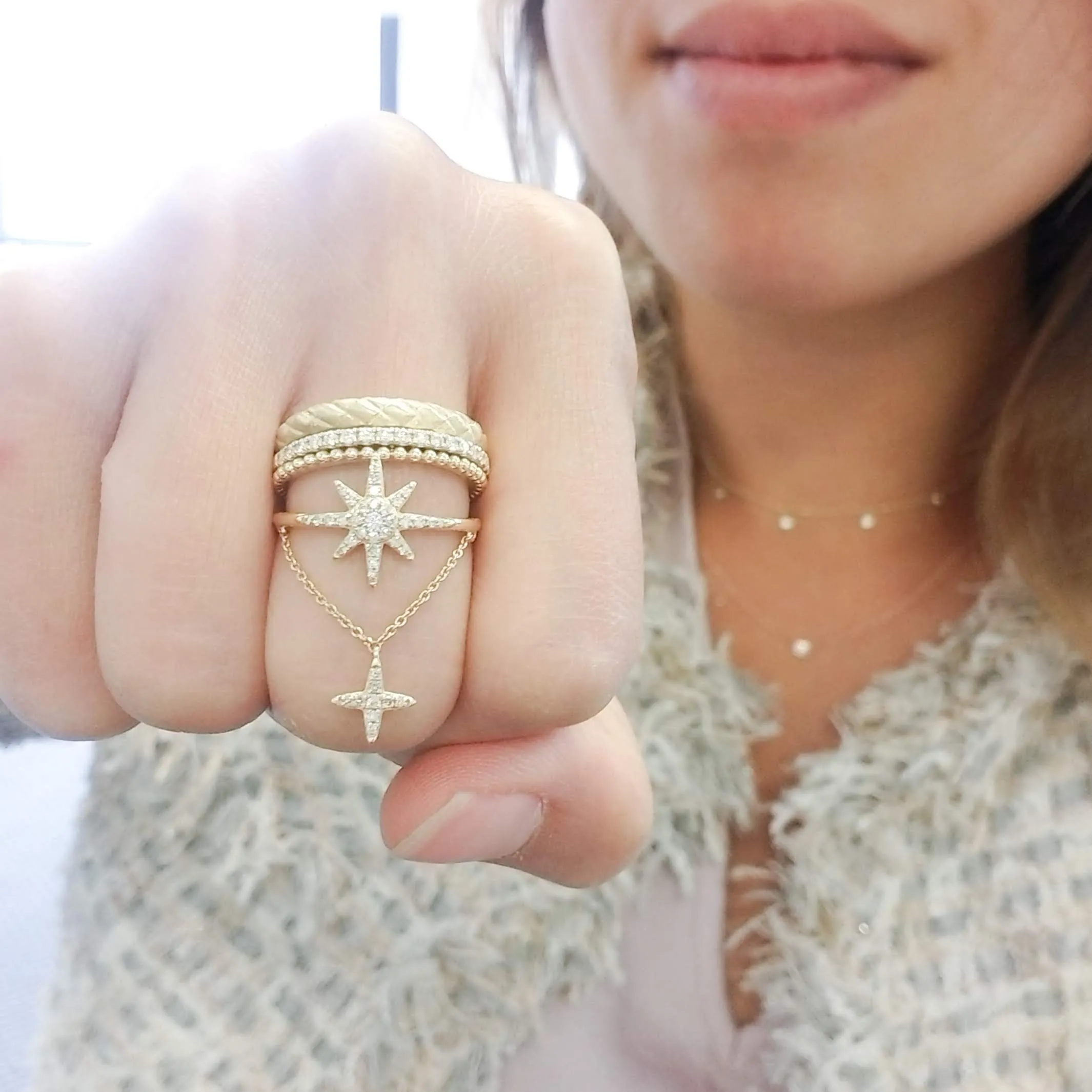 Triple Three Row Woven Diamond Stackable Ring