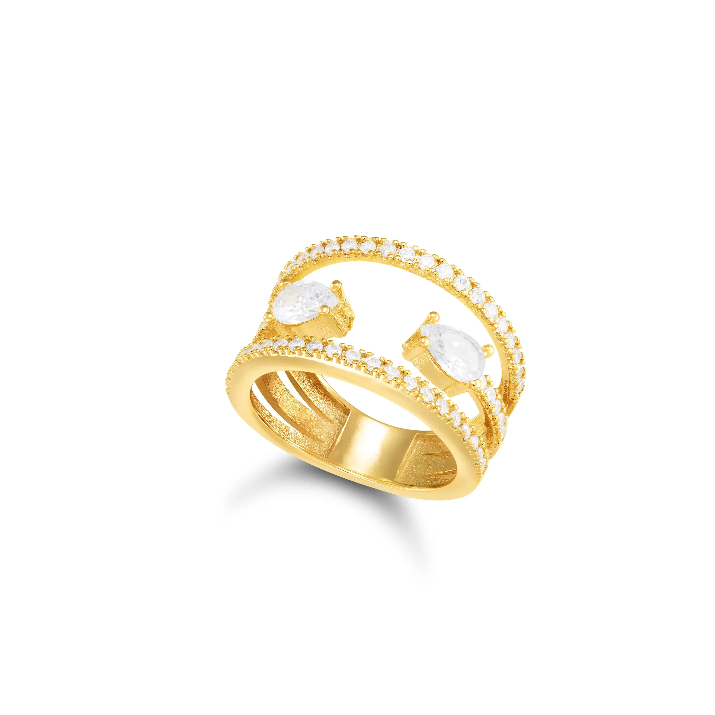 Two Line With Two Open Teardrop RIng - Gold White