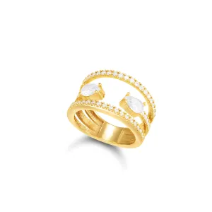Two Line With Two Open Teardrop RIng - Gold White