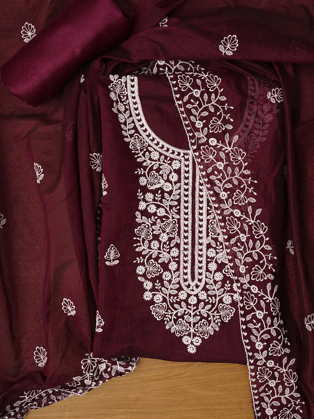 Unstitched Purple Embroidered Cotton Blend Dress Material With Dupatta