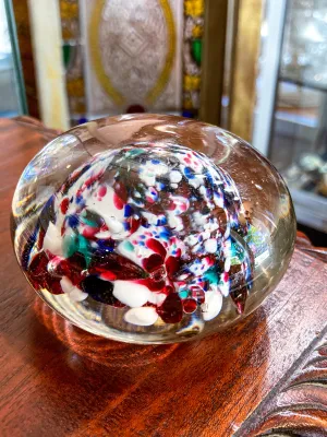 Vintage Multicolor Red White Blue Green Clear Bubble Glass Paperweight